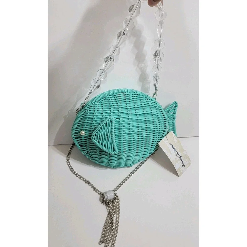 Tommy Bahama Wicker Teal Fish Convertible Crossbody Chain Strap Coastal Sealife - Picture 6 of 9